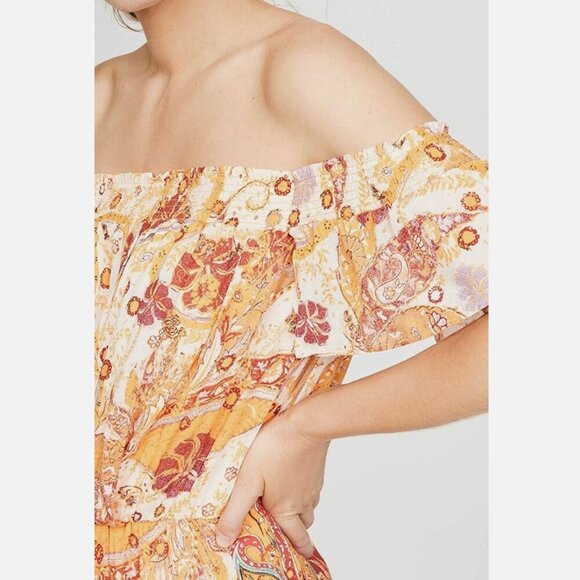 Free People Carmen Off the Shoulder Jumpsuit Orange Red Paisley XS - Picture 3 of 14